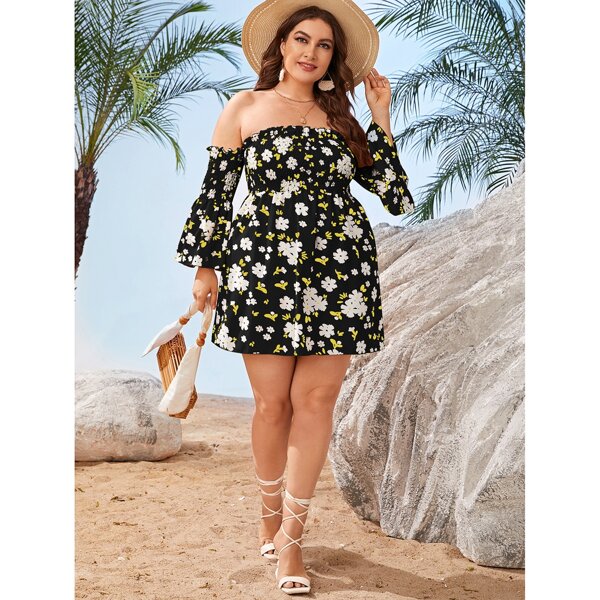 

Plus Floral Bardot Shirred A-line Dress, Black