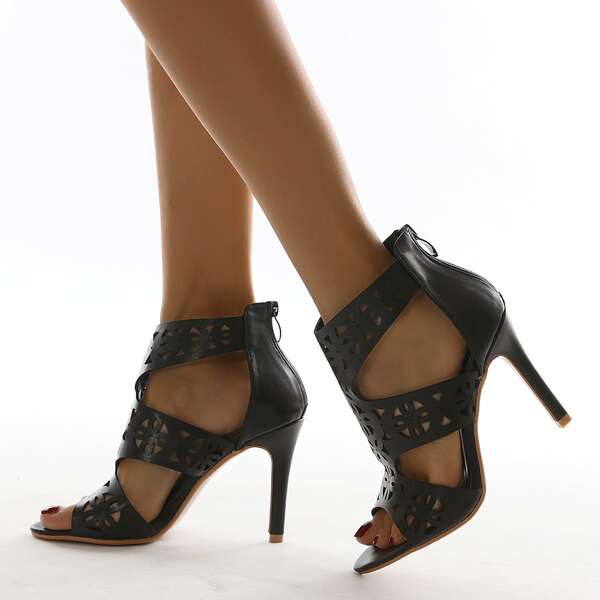 

Hollow Out Stiletto Heeled Gladiator Sandals, Black