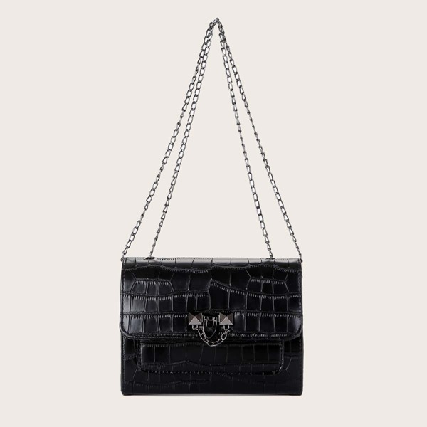 

Croc Embossed Flap Chain Bag, Black