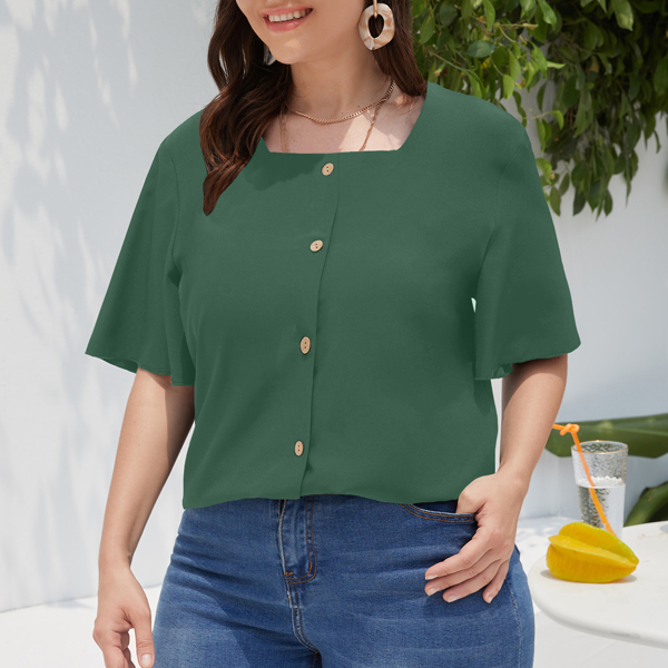 

Plus Button Front Square Neck Blouse, Dark green