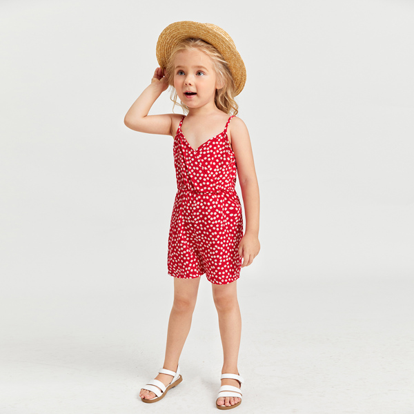 

Toddler Girls Ditsy Floral Print Surplice Front Cami Romper, Red