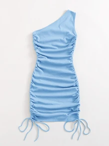 SHEIN BAE Vestido ajustado con nudo lateral fruncido de un hombro - Celeste - Ver 2