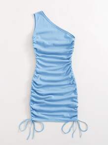 SHEIN BAE Vestido ajustado con nudo lateral fruncido de un hombro - Celeste - Ver 3