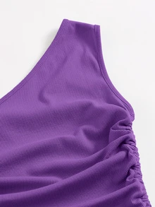 SHEIN BAE 單肩抽褶結飾包臀連衣裙 - 紫羅蘭色 - 查看 4