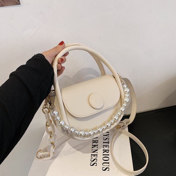 

Faux Pearl Beaded Satchel Bag, White