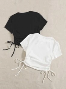 Muchica 2 Gói Áo thun rút dây nhún hai bên - Đen và trắng - Xem 2