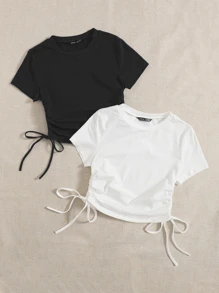 Muchica 2 Gói Áo thun rút dây nhún hai bên - Đen và trắng - Xem 3