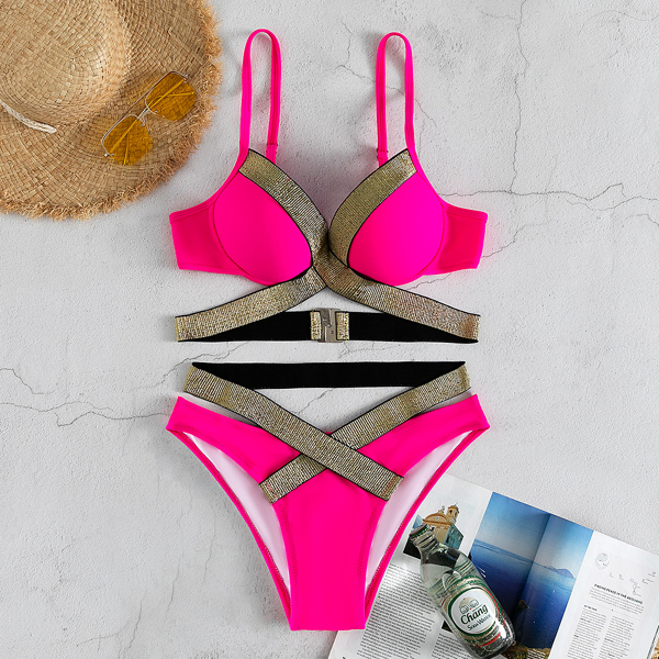 

Glitter Tape Push Up Bikini Swimsuit, Hot pink