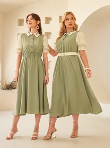 SHEIN Plus 1 PC Puff Sleeve Floral Embroidery Shirt Dress Without Belt - Green - View 1