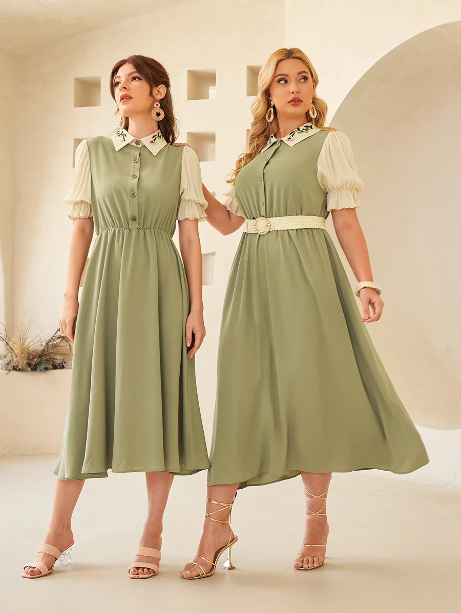 SHEIN Plus 1 PC Puff Sleeve Floral Embroidery Shirt Dress Without Belt - Green - View 1