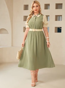 SHEIN Plus 1 PC Puff Sleeve Floral Embroidery Shirt Dress Without Belt - Green - View 3