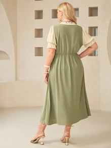 SHEIN Plus 1 PC Puff Sleeve Floral Embroidery Shirt Dress Without Belt - Green - View 2