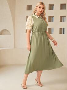 SHEIN Plus 1 PC Puff Sleeve Floral Embroidery Shirt Dress Without Belt - Green - View 4