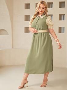 SHEIN Plus 1 PC Puff Sleeve Floral Embroidery Shirt Dress Without Belt - Green - View 5