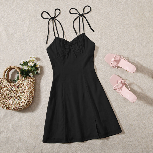 

Tie Shoulder Ruched Bust Cami Dress, Black