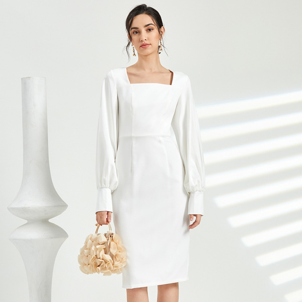 

Square Neck Bishop Sleeve Slit Back Fitted Dress, White