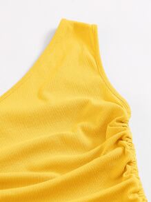 SHEIN BAE 單肩抽褶結飾包臀連衣裙 - 黃色 - 查看 4