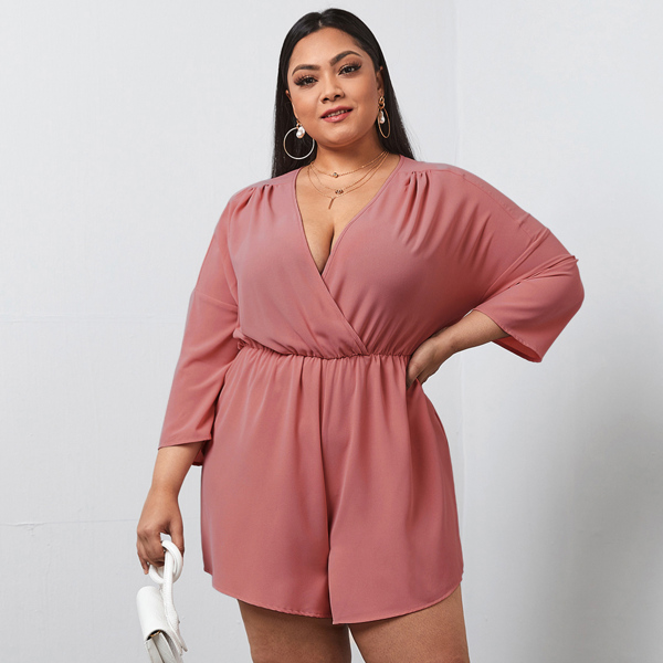 

Plus Solid Surplice Front Romper, Dusty pink