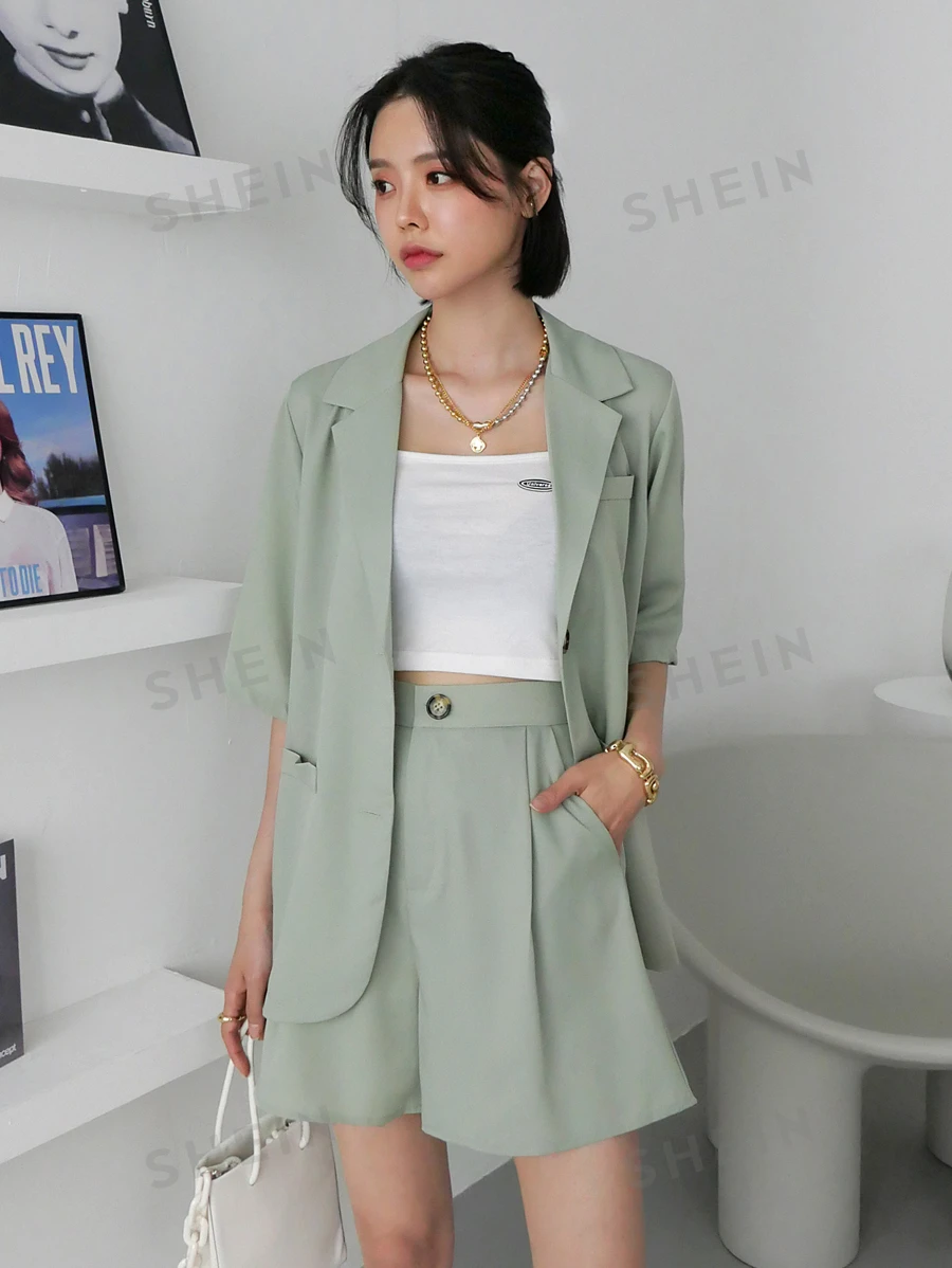 DAZY Bluse mit Stehkragen und Knopfverschluss mit Shorts ohne Trägerhemd für den Sommer, Damen Zweiteiliges Set - Minzgrün - Übersicht 1