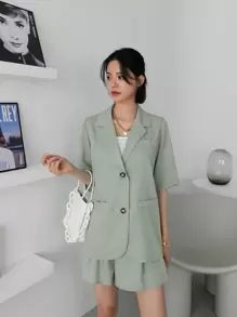 DAZY Lapel Collar Button Front Blouse With Shorts Without Cami Top Summer,Women Two Pieces Sets