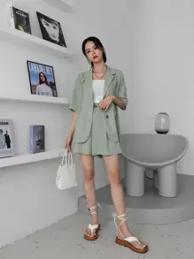 DAZY Lapel Collar Button Front Blouse With Shorts Without Cami Top Summer,Women Two Pieces Sets