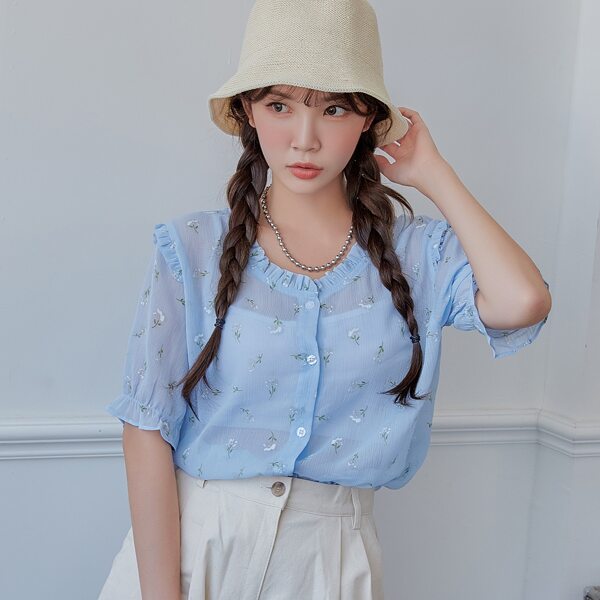 

Floral Frill Trim Button Up Blouse, Baby blue