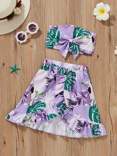 تنورة مع لباس علوي بدون اكتاف بربطة قوس وبطباعة استوائي للبنات الصغار