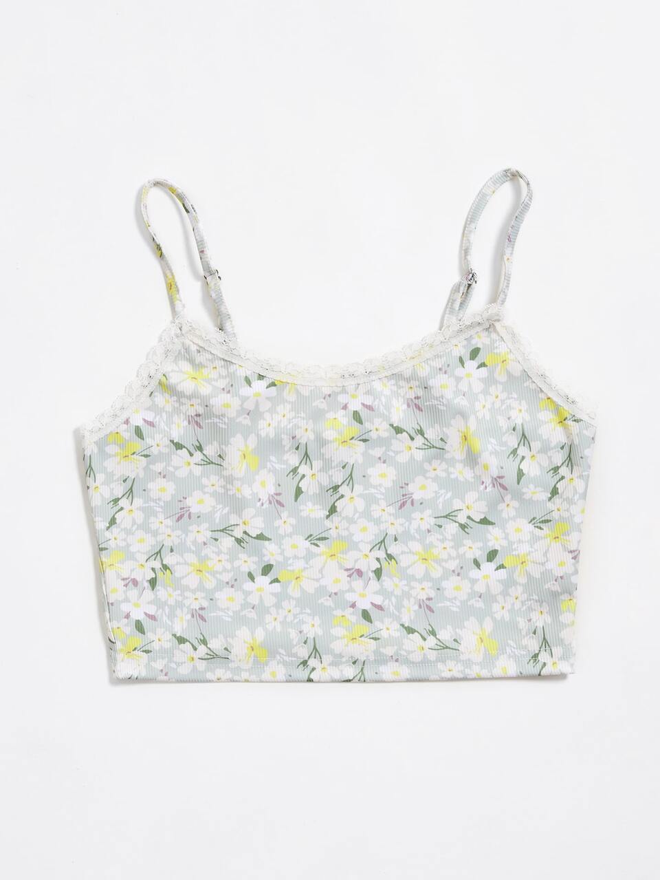 Floral Print Lace Trim Cami Top