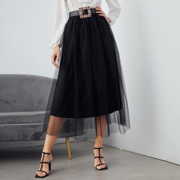 

Mesh Overlay Belted Flared Skirt, Black