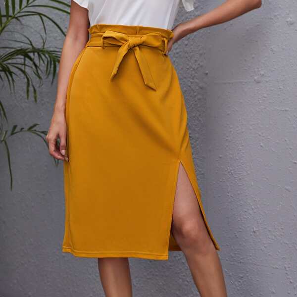 

Self Belted Split Thigh Skirt, Mustard yellow
