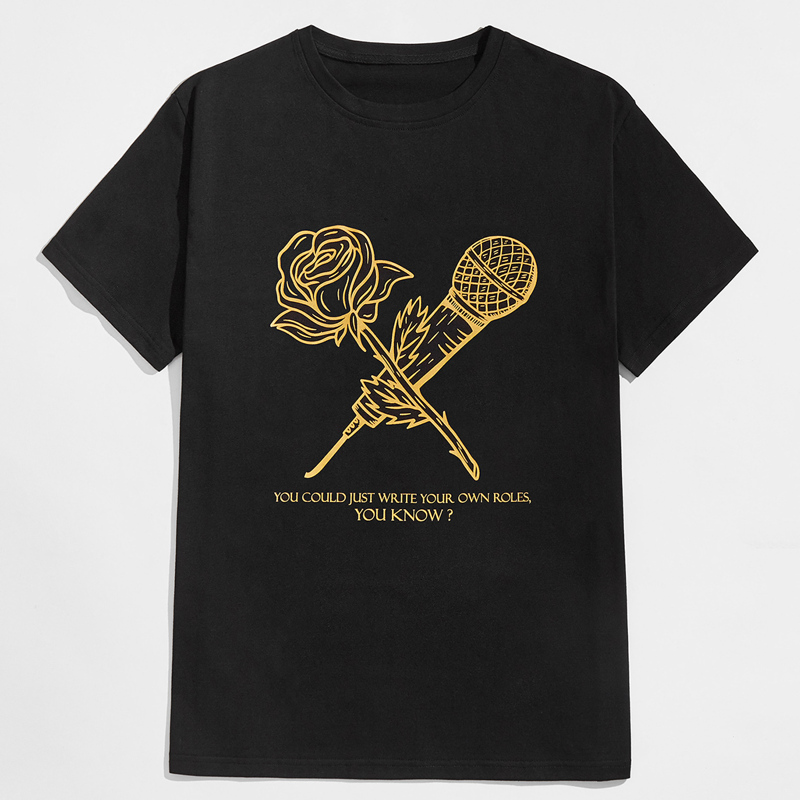 

Guys Slogan Microphone & Floral Graphic Tee, Black