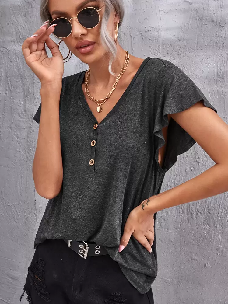 SHEIN LUNE V-neck Butterfly Sleeve Tee - Dark Grey - View 1
