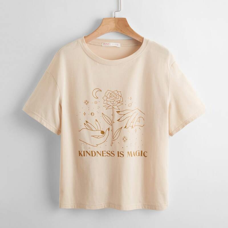 

Slogan Rose & Hand Graphic Tee, Apricot