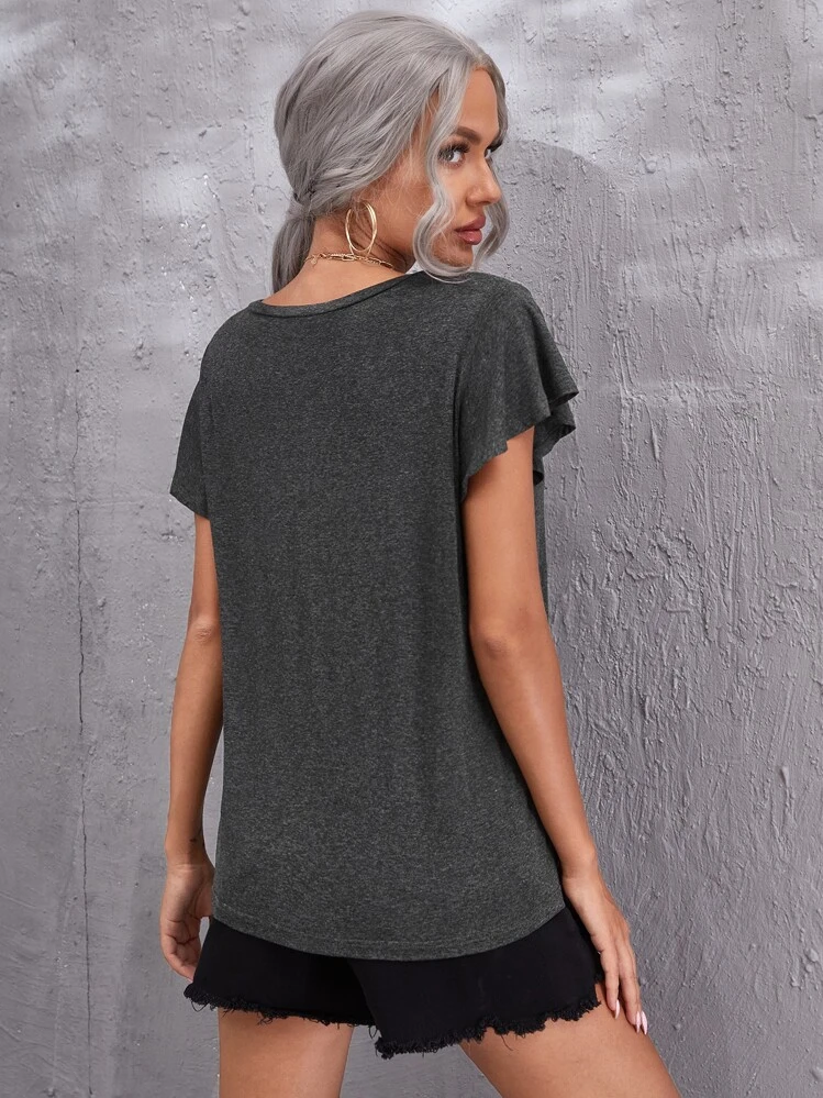 SHEIN LUNE V-neck Butterfly Sleeve Tee - Dark Grey - View 2