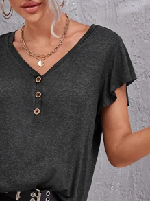 SHEIN LUNE V-neck Butterfly Sleeve Tee - Dark Grey - View 3