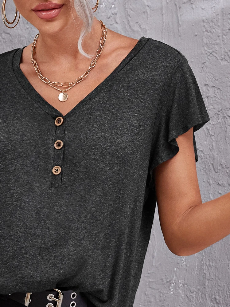 SHEIN LUNE V-neck Butterfly Sleeve Tee - Dark Grey - View 3