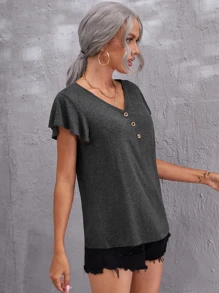 SHEIN LUNE V-neck Butterfly Sleeve Tee - Dark Grey - View 5