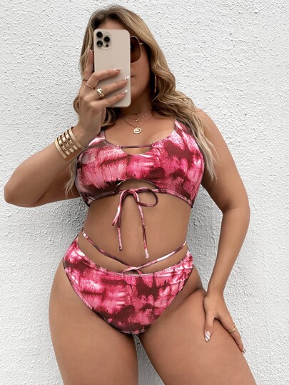 طقم بكيني قطع بتصميم ربطة الصباغة المقاس الكبير للصيف والشاطئ