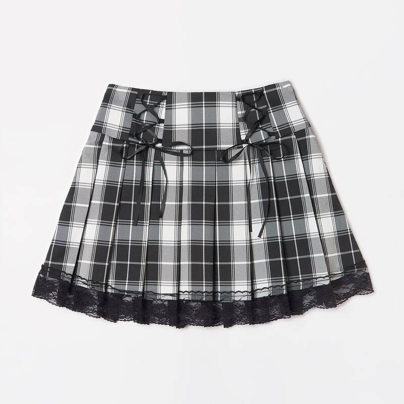 

Contrast Lace Plaid Lace Up Skirt, Black and white