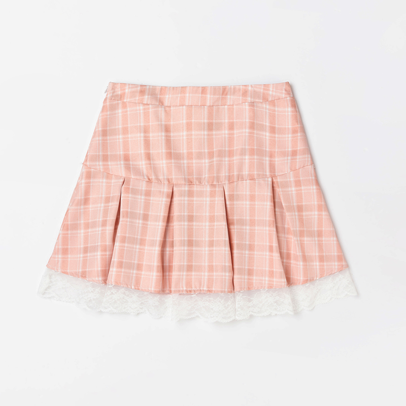 

Contrast Lace Plaid Pleated Skirt, Coral pink