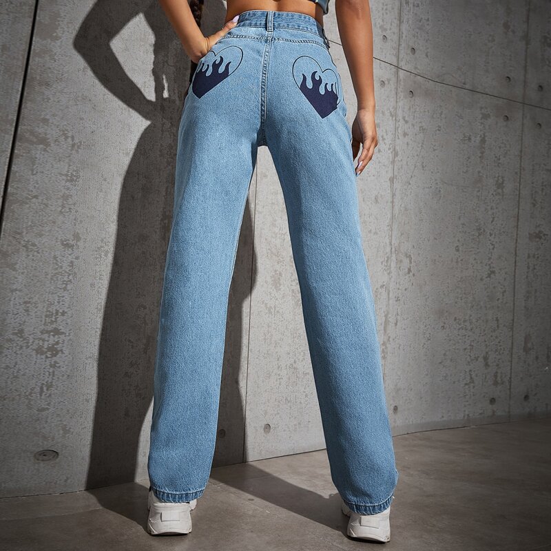 

High Waist Heart Print Straight Jeans, Medium wash