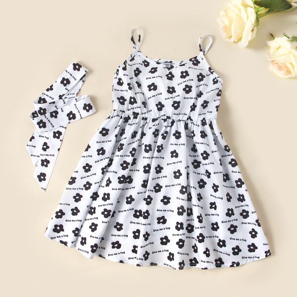 

Toddler Girls Floral And Slogan Graphic Cami Dress With Belt, Black and white