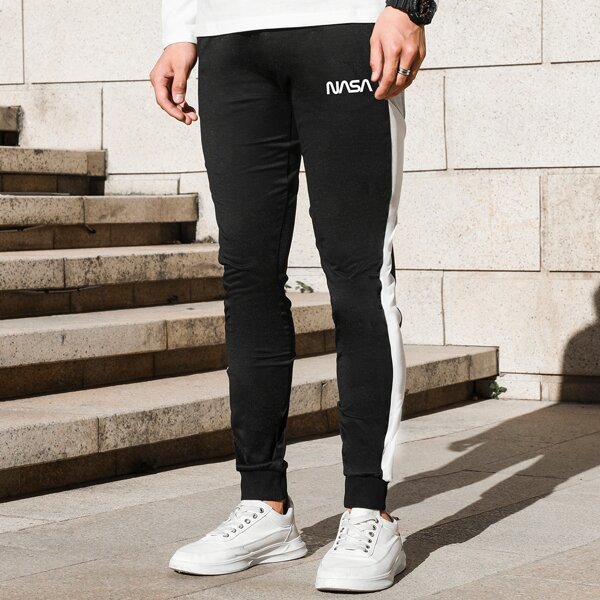 

Men Contrast Sideseam Letter Graphic Drawstring Waist Sweatpants, Black