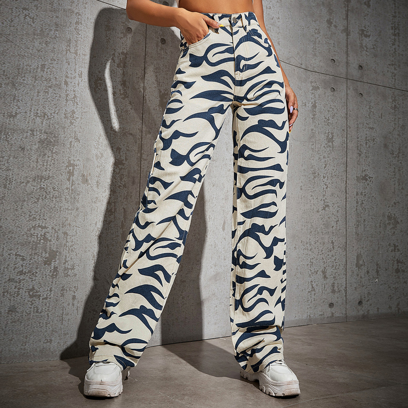 

High Waist Allover Print Jeans, Blue and white