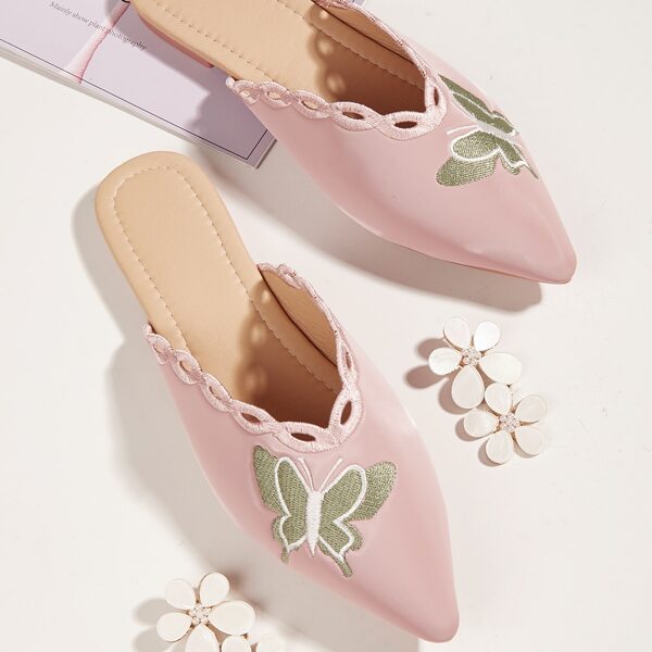 

Butterfly Embroidery Point Toe Flat Mules, Pink