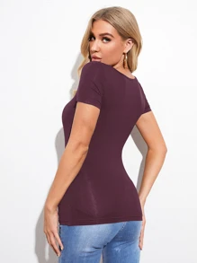 SHEIN Essnce Scoop Neck Form Fitted Solid Tee - Maroon - View 2