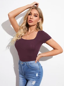 SHEIN Essnce Scoop Neck Form Fitted Solid Tee - Maroon - View 3