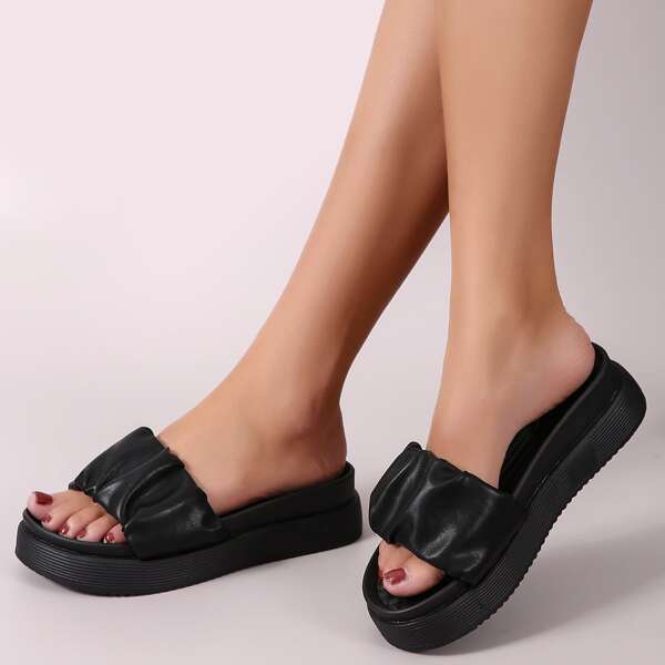 

Minimalist Ruched Flatform Mules, Black