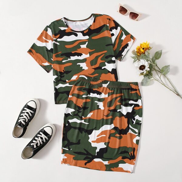 

Plus Camo Print Tee With Skirt, Multicolor