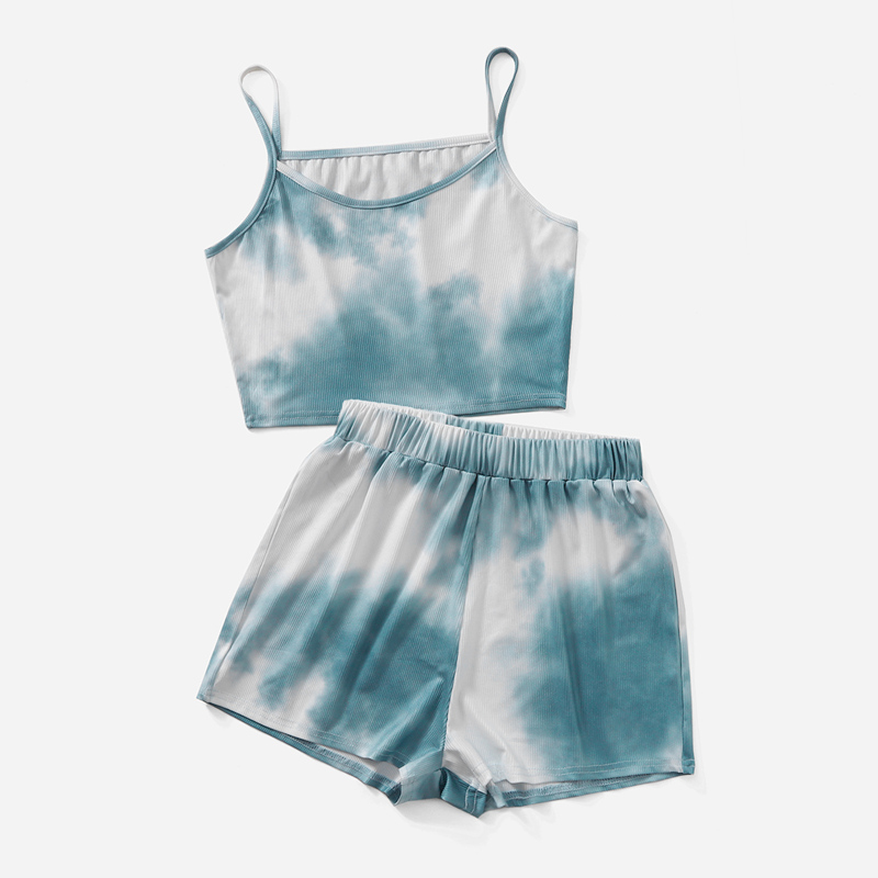 

Tie Dye Ribbed Crop Cami & Shorts, Blue and white